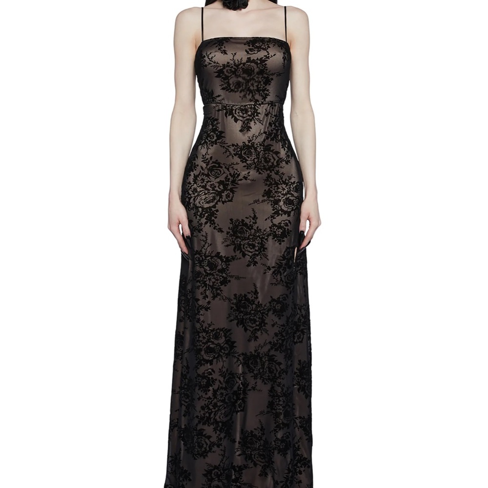 Dolls Kill Black Velvet Floral Slip Dress with Sheer Overlay